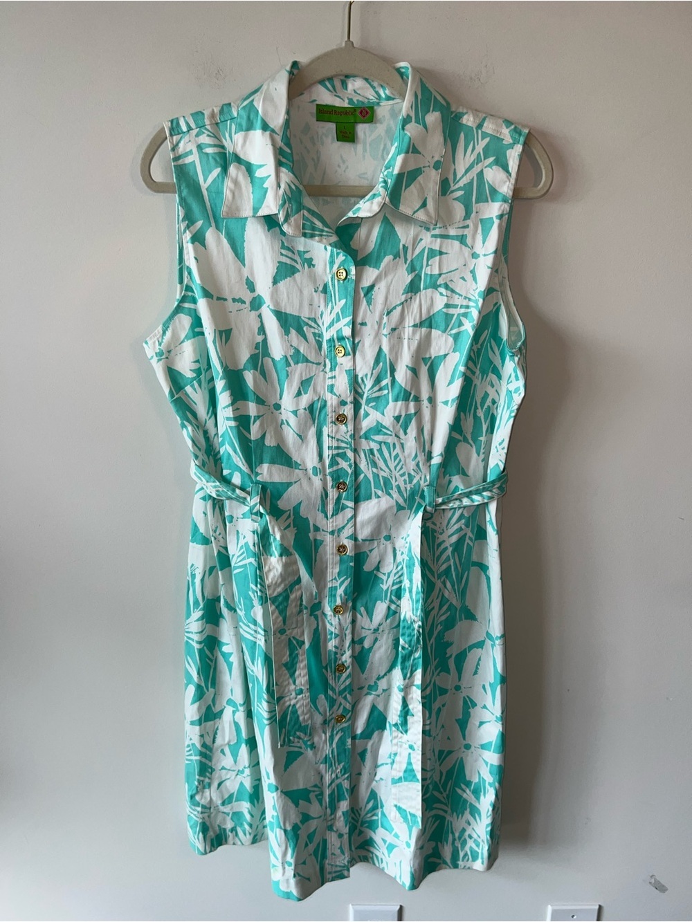 Island Republic Sleeveless Teal & White Floral Shirt Dress Tie Waist 100% Cotton - Picture 3 of 9
